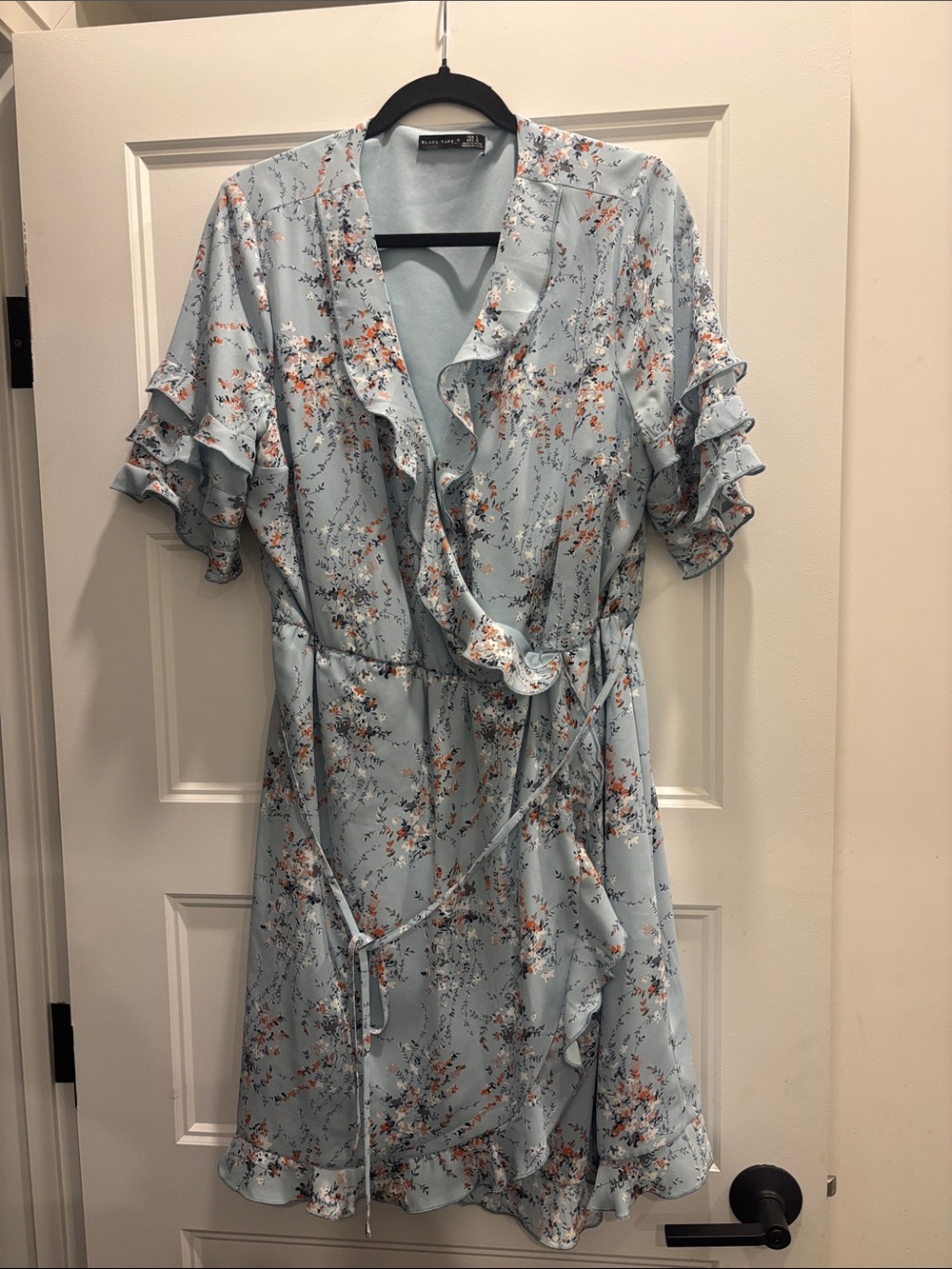 BCBGMaxAzria Powder Blue Floral Wrap Midi Dress with Ruffle Sleeves